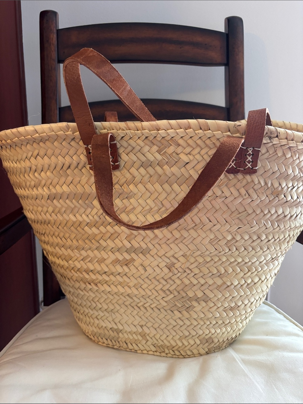 Irregular Woven Straw Tote Bag with Brown Leather Handles "N” - Picture 3 of 4